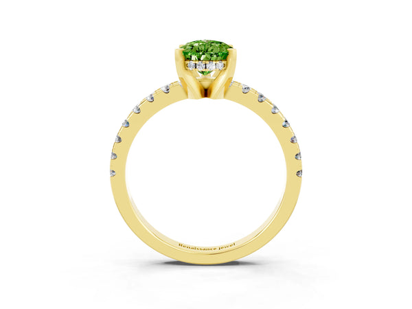 Yellow gold Pear Cut Peridot Solitaire Ring with Round Pavé Band and Four-Prong Setting