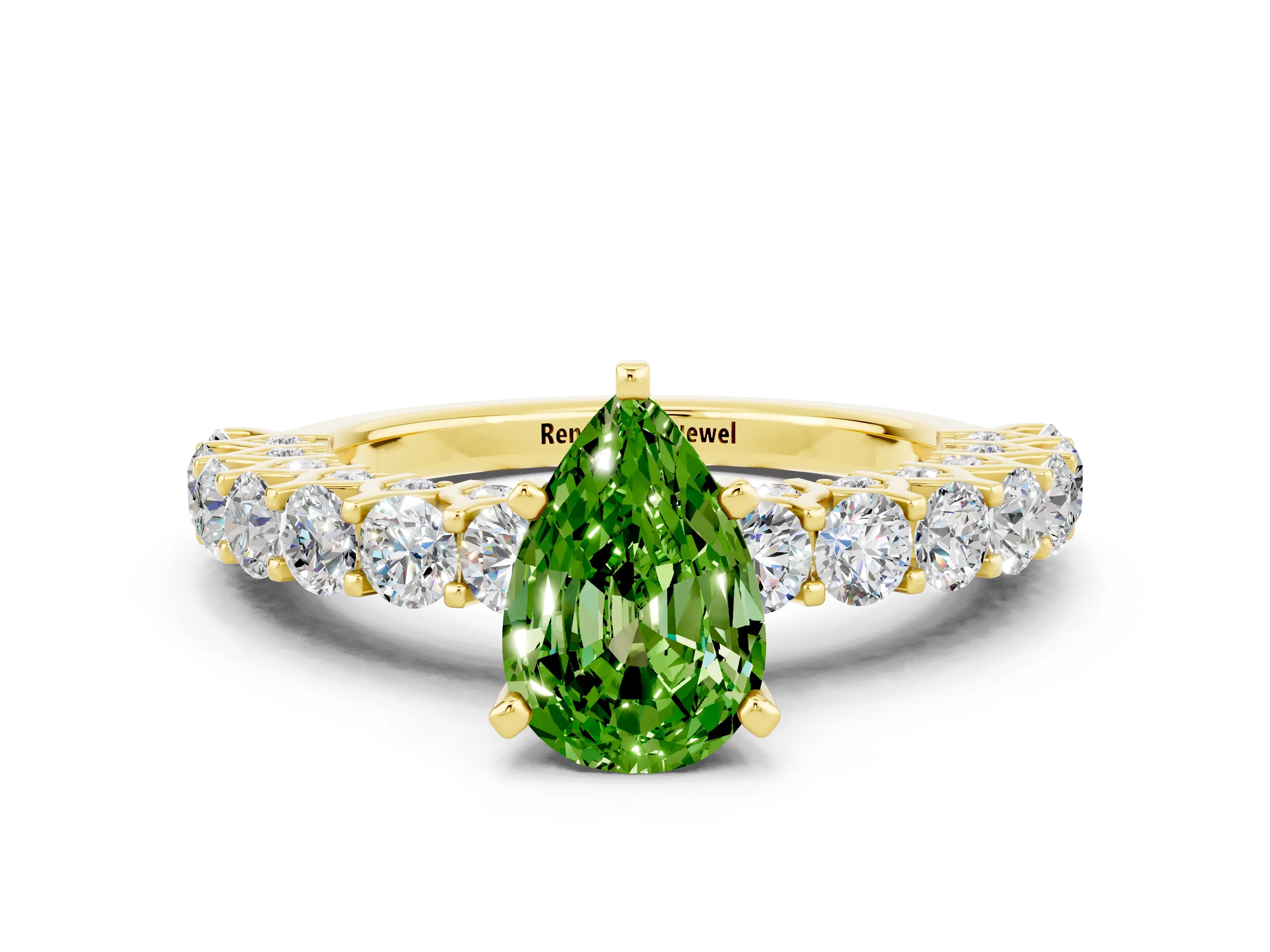 Yellow gold Pear Cut Peridot Solitaire Ring with Shared Prong Pavé Band and Four-Prong Setting
