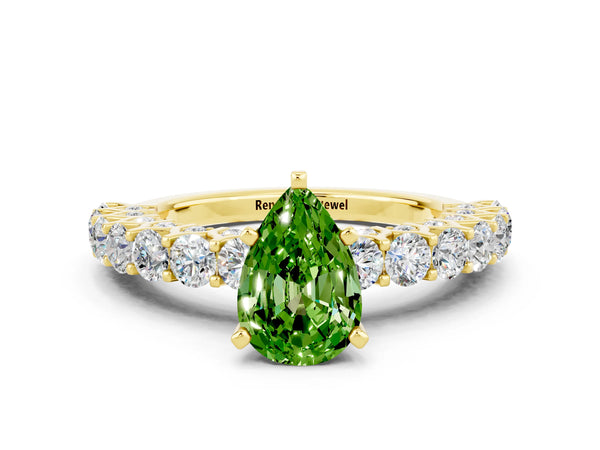 Yellow gold Pear Cut Peridot Solitaire Ring with Shared Prong Pavé Band and Four-Prong Setting