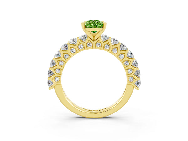Yellow gold Pear Cut Peridot Solitaire Ring with Shared Prong Pavé Band and Four-Prong Setting
