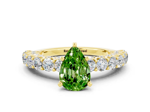 Yellow gold Pear Cut Peridot Solitaire Ring with Shared Prong Pavé Band and Four-Prong Setting