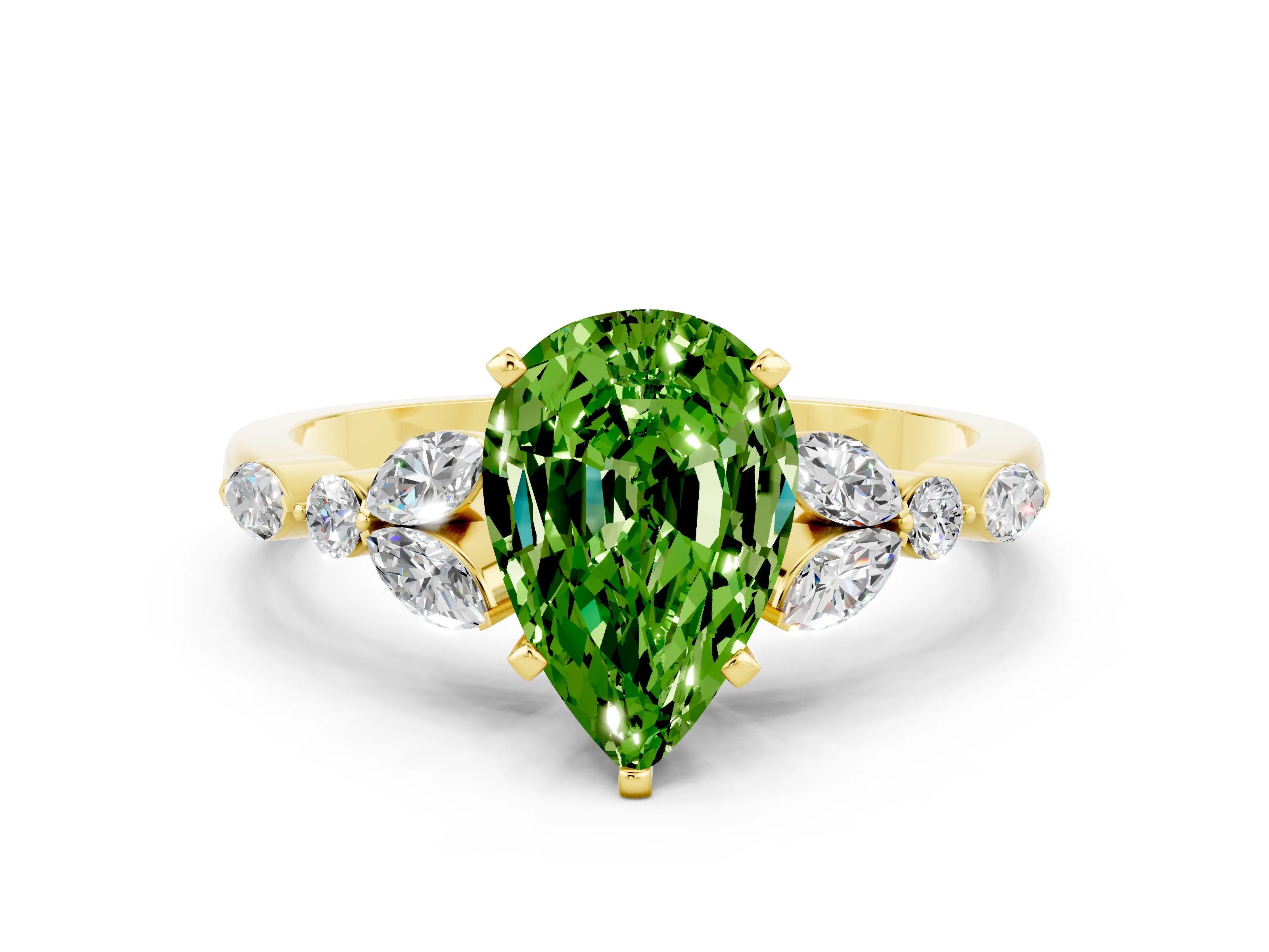 Yellow gold Pear Cut Peridot Solitaire Ring with Side Stones and Four-Prong Setting_12