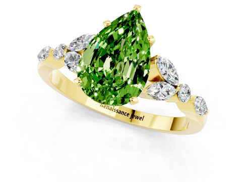 Yellow gold Pear Cut Peridot Solitaire Ring with Side Stones and Four-Prong Setting_13