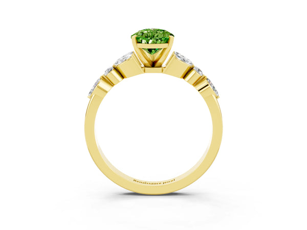 Yellow gold Pear Cut Peridot Solitaire Ring with Side Stones and Four-Prong Setting