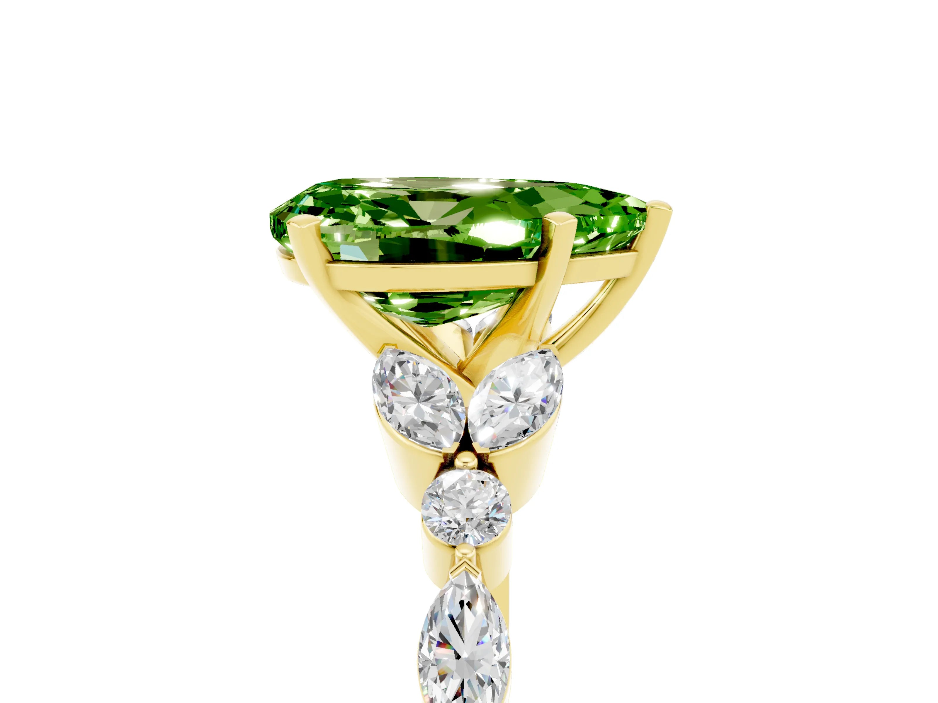 Yellow gold Pear Cut Peridot Solitaire Ring with Side Stones and Four-Prong Setting_17