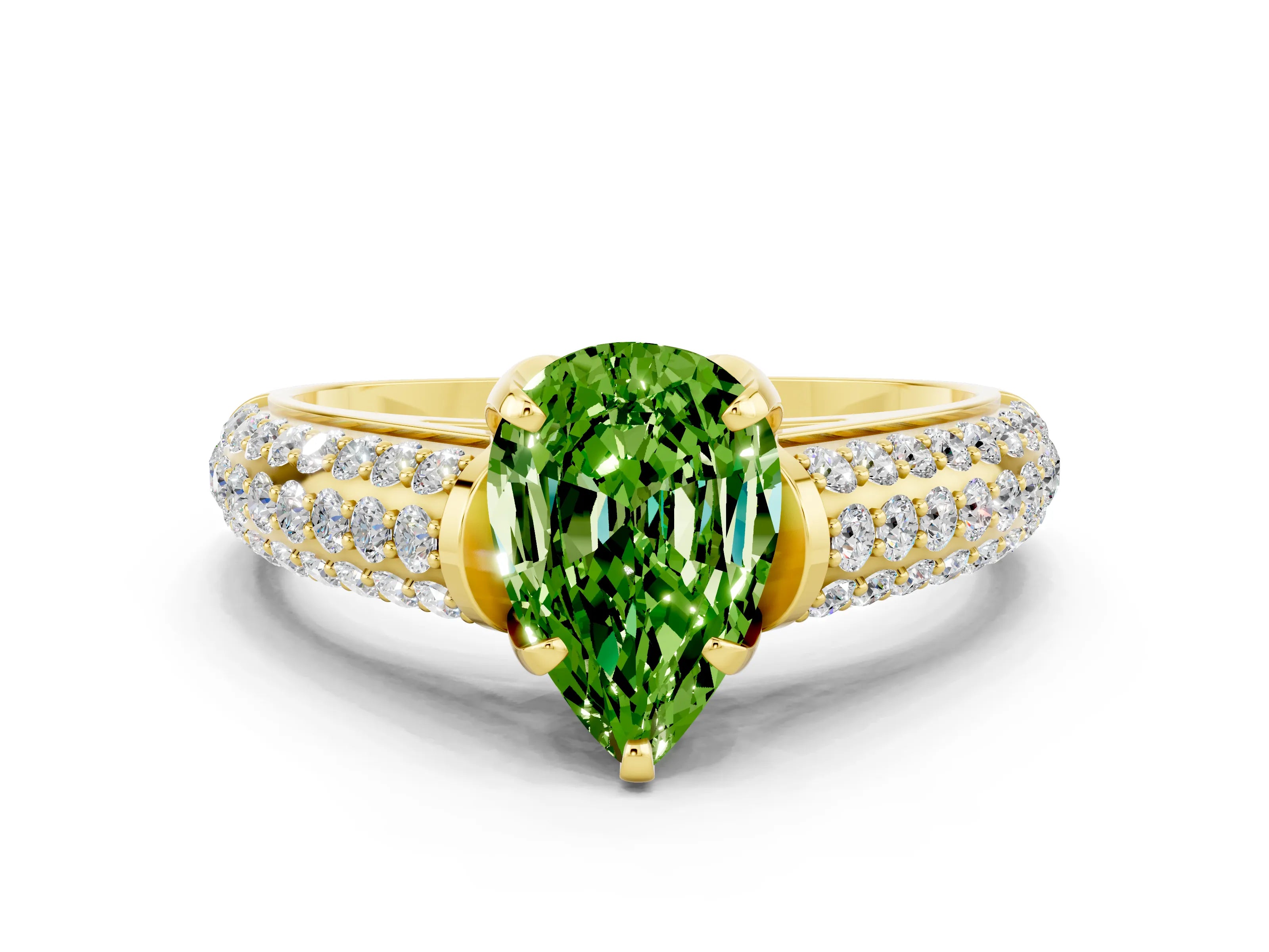 Yellow gold Pear Cut Peridot Solitaire Ring with Three-Row Pavé Band and Four-Prong Setting_12