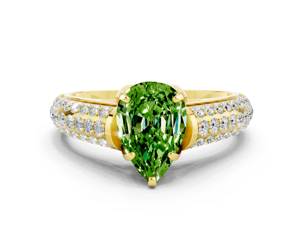 Yellow gold Pear Cut Peridot Solitaire Ring with Three-Row Pavé Band and Four-Prong Setting