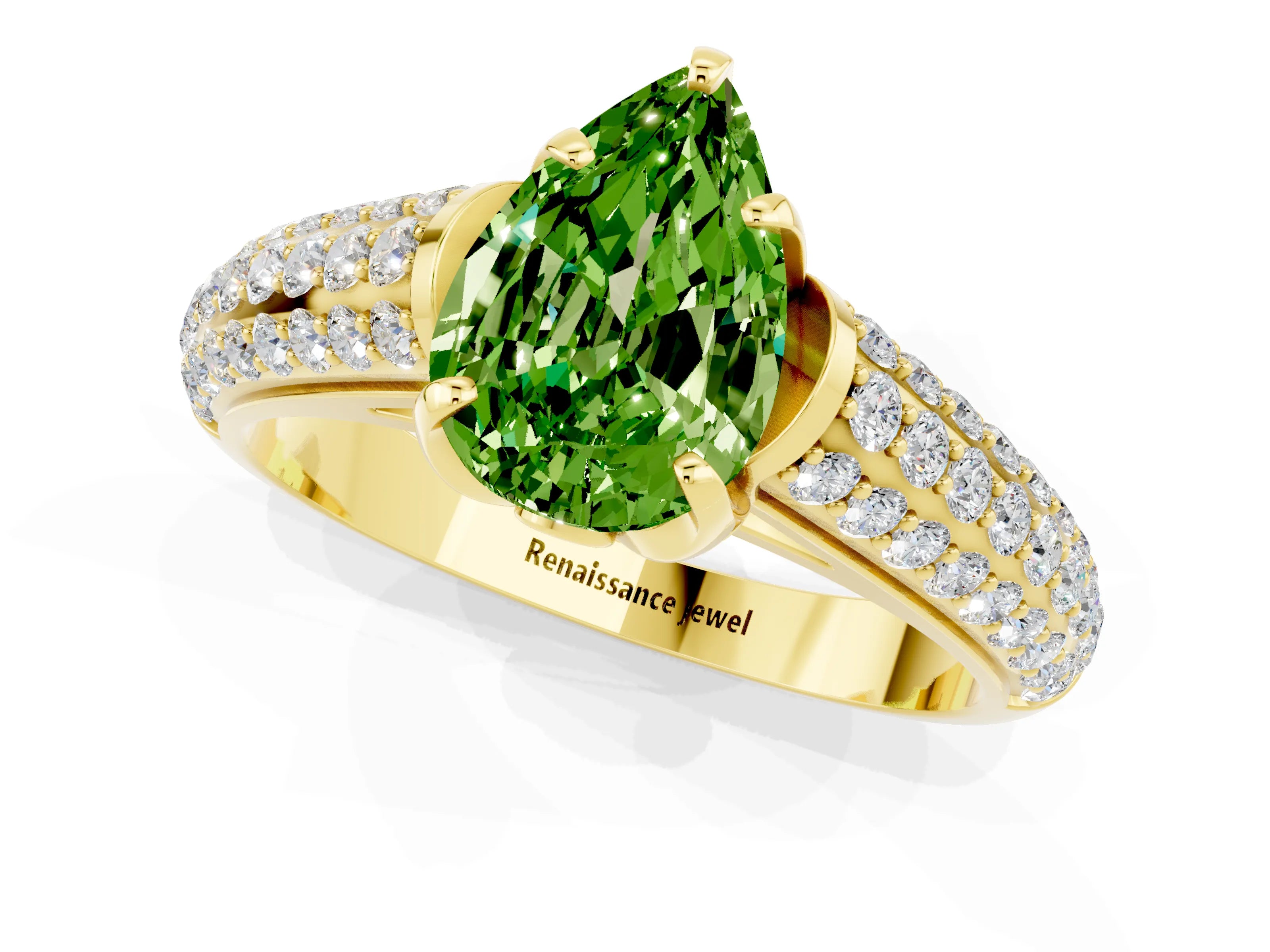 Yellow gold Pear Cut Peridot Solitaire Ring with Three-Row Pavé Band and Four-Prong Setting_13