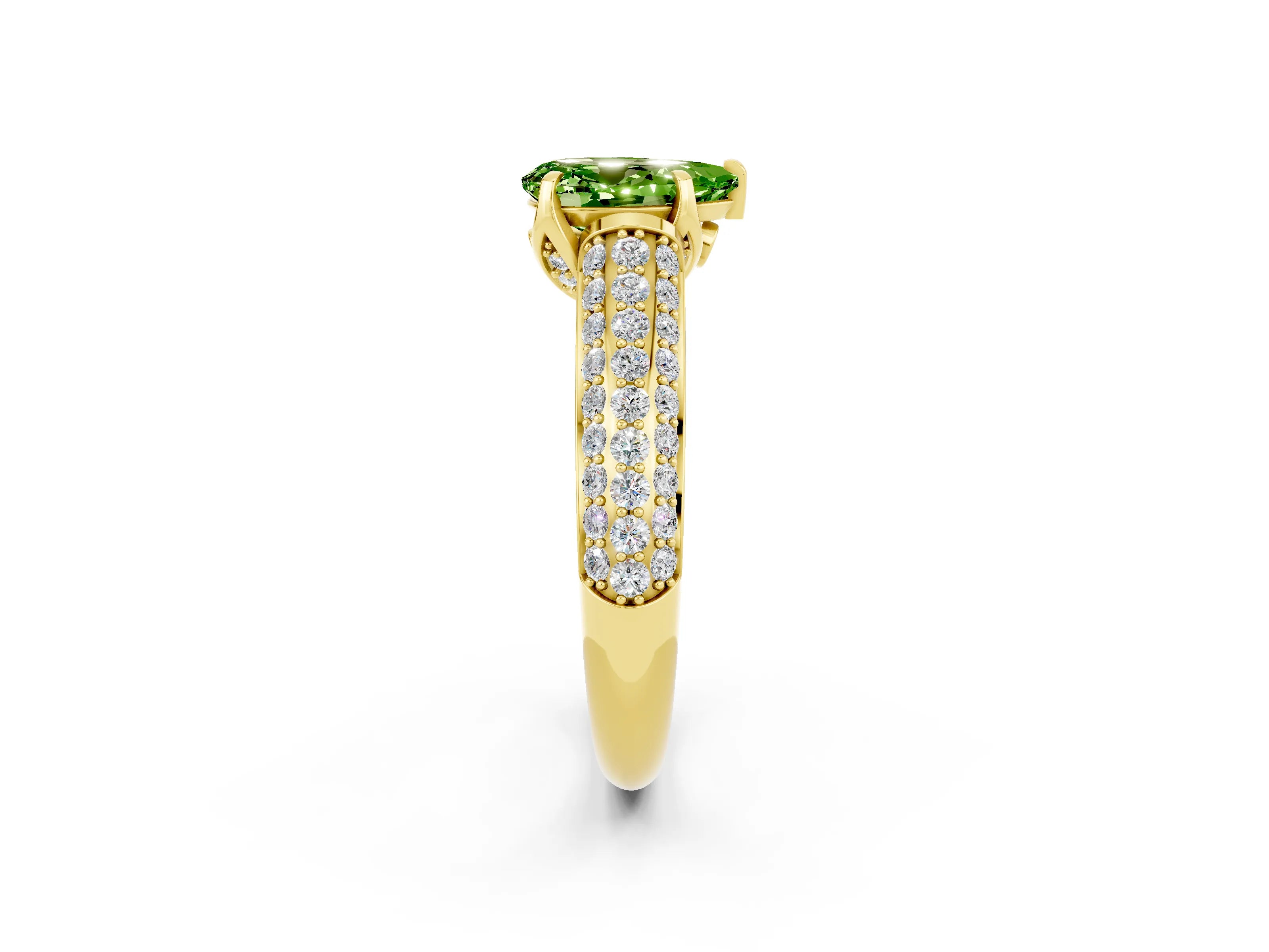 Yellow gold Pear Cut Peridot Solitaire Ring with Three-Row Pavé Band and Four-Prong Setting_14