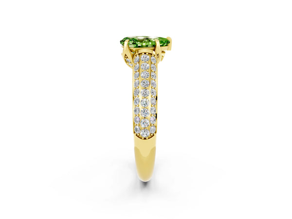 Yellow gold Pear Cut Peridot Solitaire Ring with Three-Row Pavé Band and Four-Prong Setting