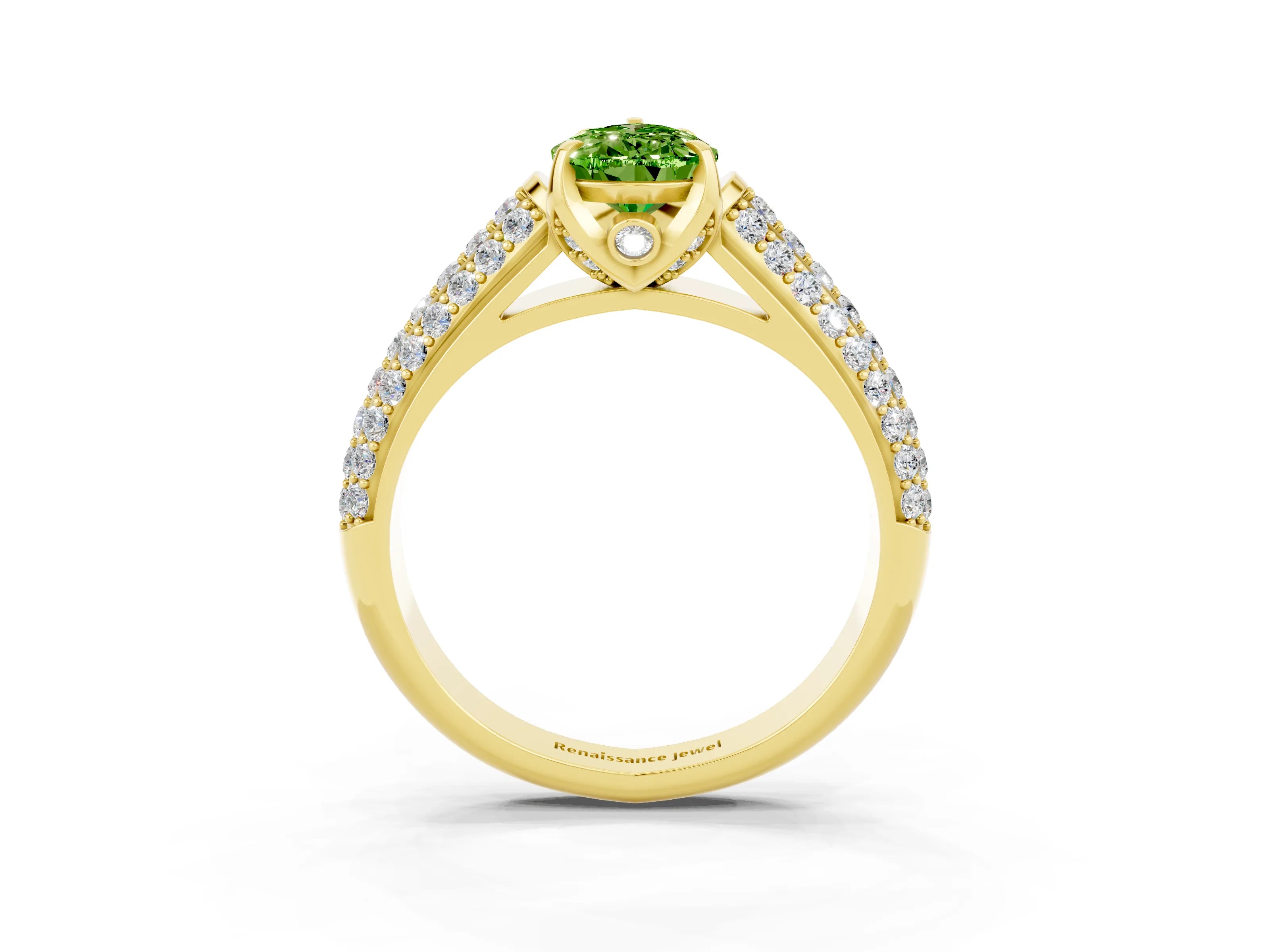 Yellow gold Pear Cut Peridot Solitaire Ring with Three-Row Pavé Band and Four-Prong Setting_15