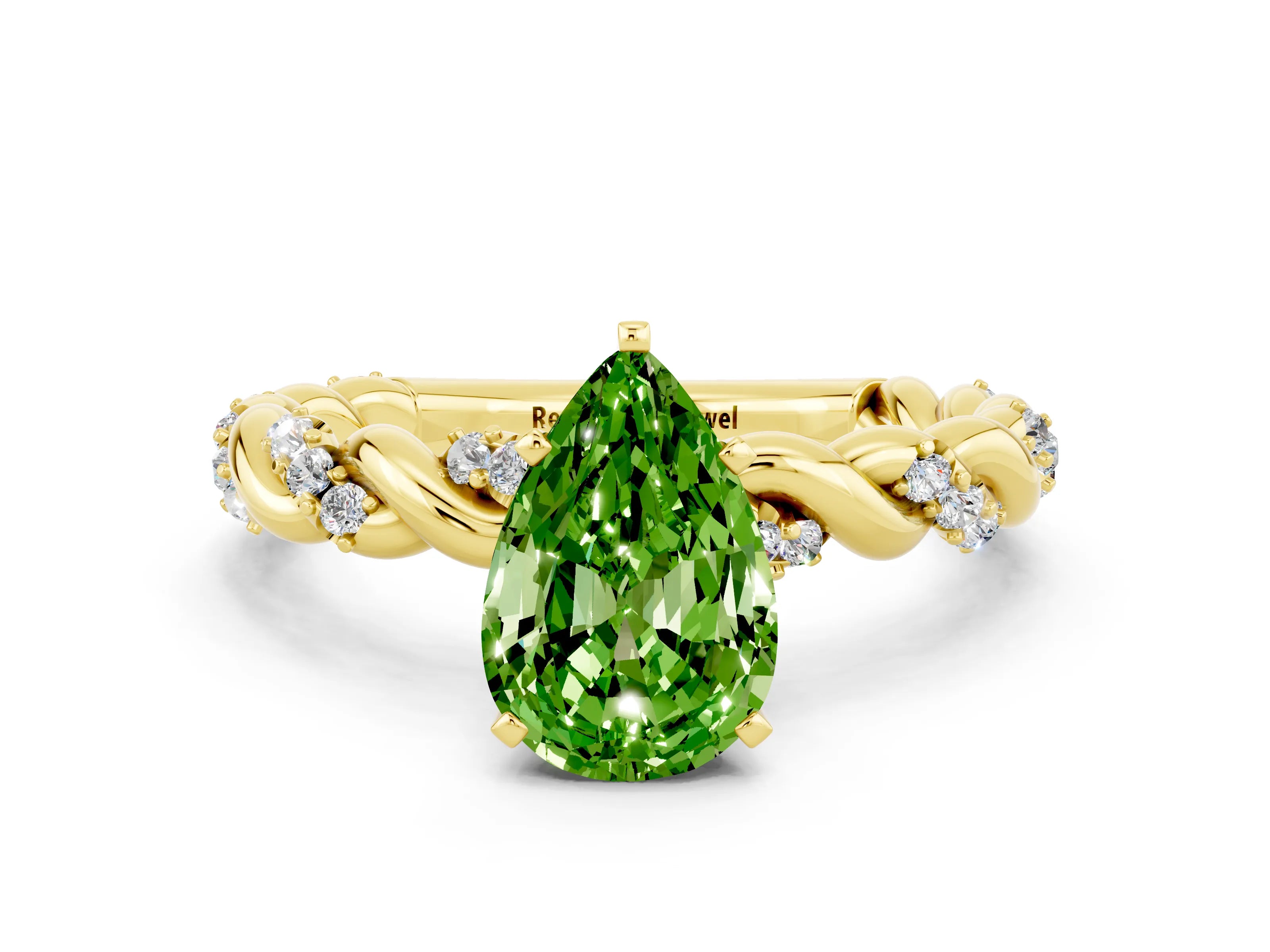 Yellow gold Pear Cut Peridot Solitaire Ring with Twisted Band and Pavé Accents