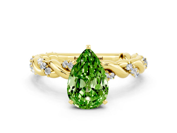 Yellow gold Pear Cut Peridot Solitaire Ring with Twisted Band and Pavé Accents