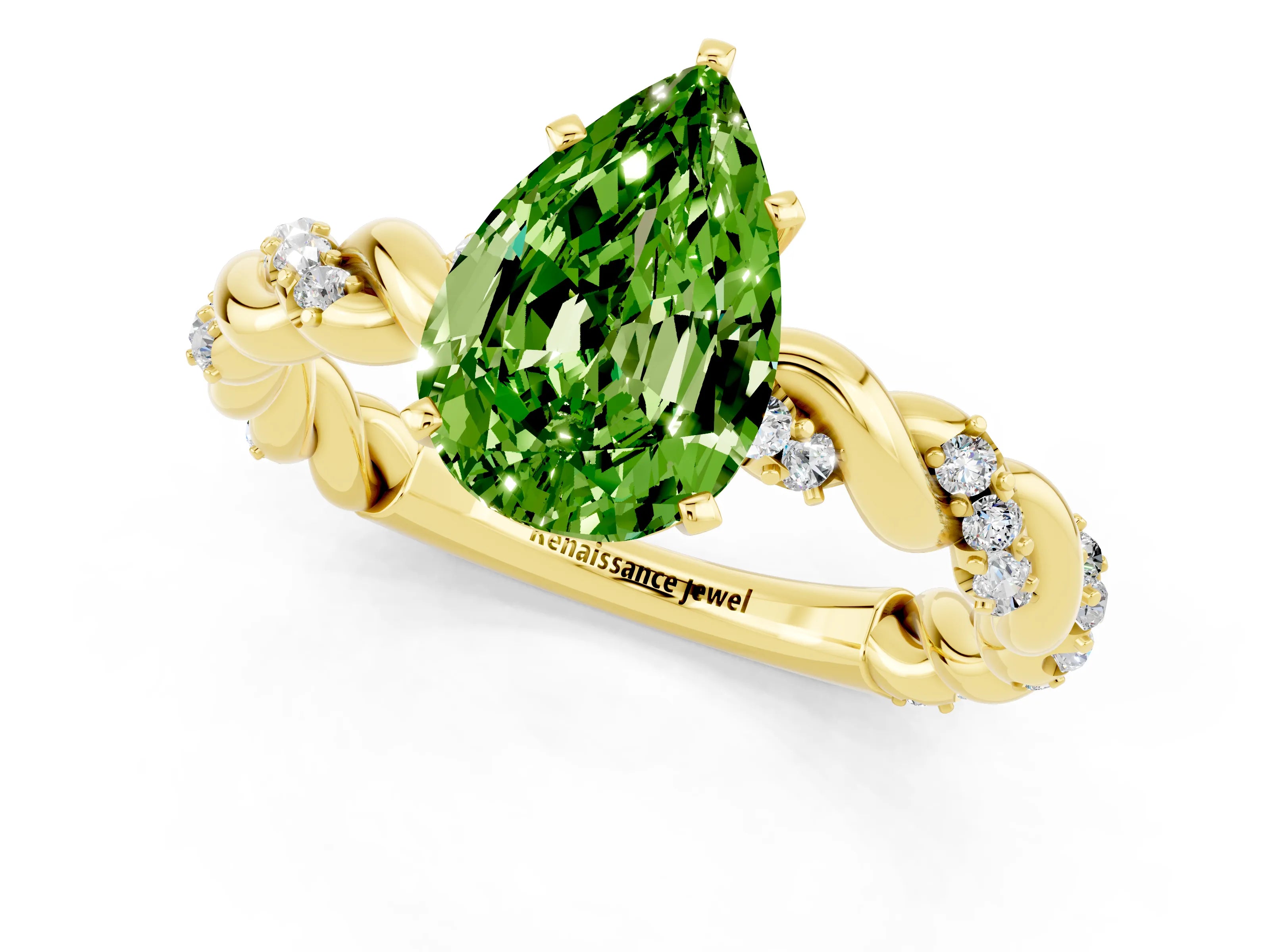 Yellow gold Pear Cut Peridot Solitaire Ring with Twisted Band and Pavé Accents_1