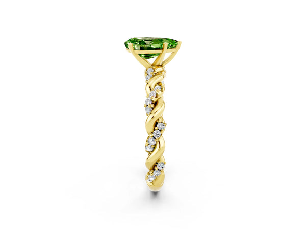Yellow gold Pear Cut Peridot Solitaire Ring with Twisted Band and Pavé Accents