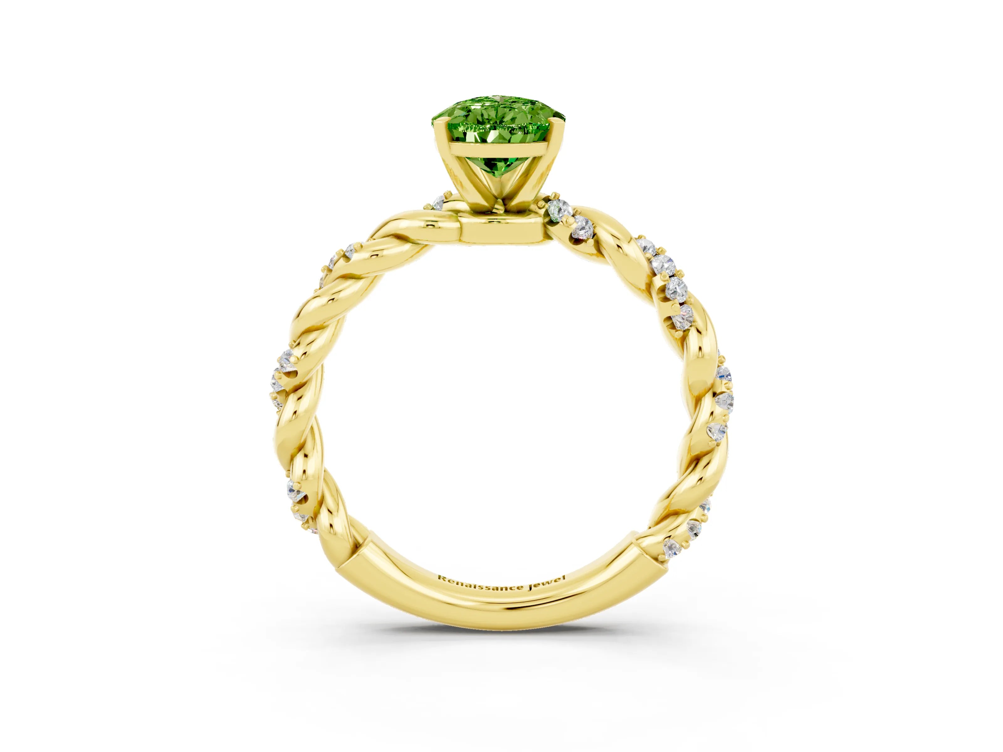 Yellow gold Pear Cut Peridot Solitaire Ring with Twisted Band and Pavé Accents_3