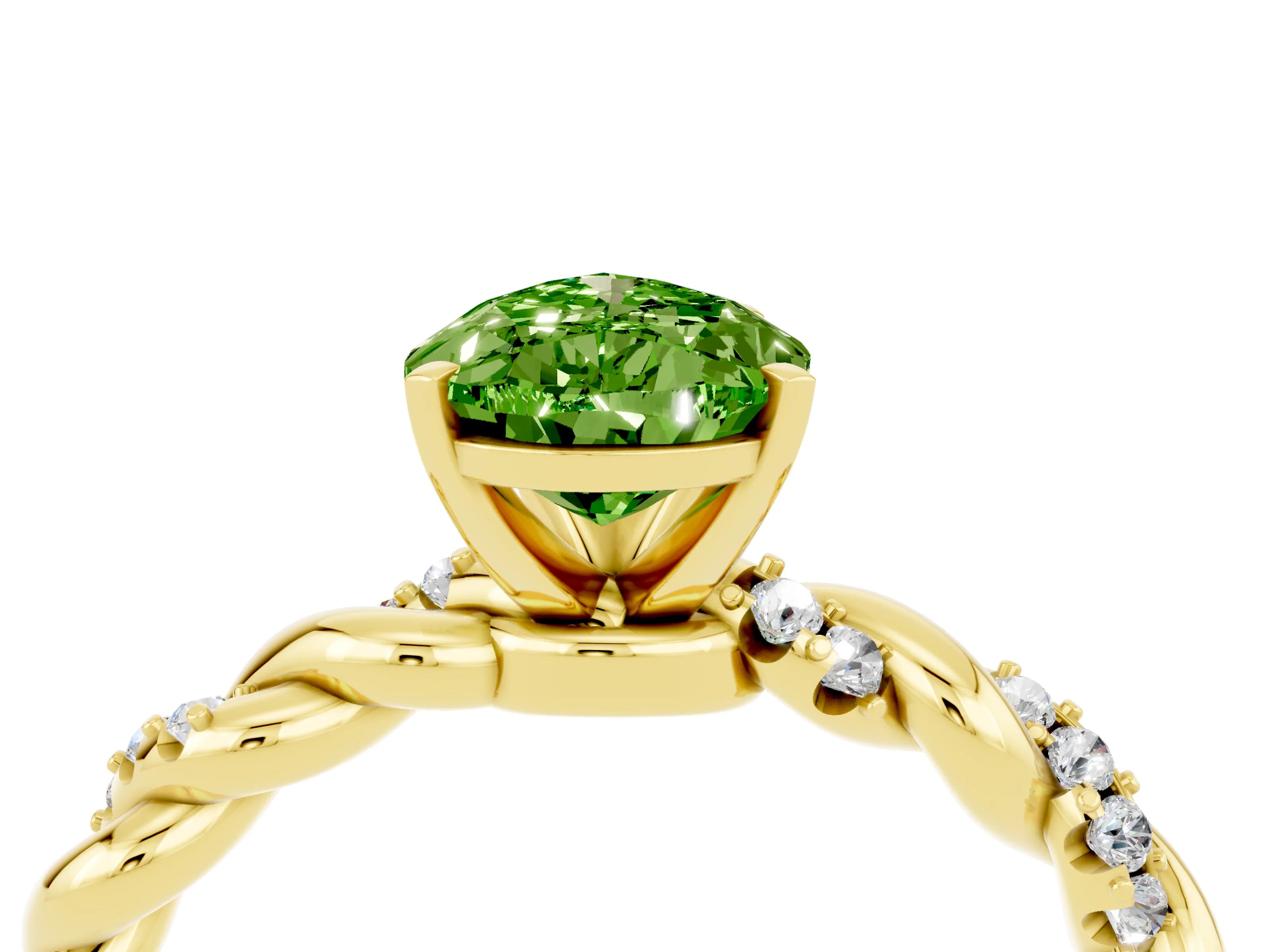 Yellow gold Pear Cut Peridot Solitaire Ring with Twisted Band and Pavé Accents_4