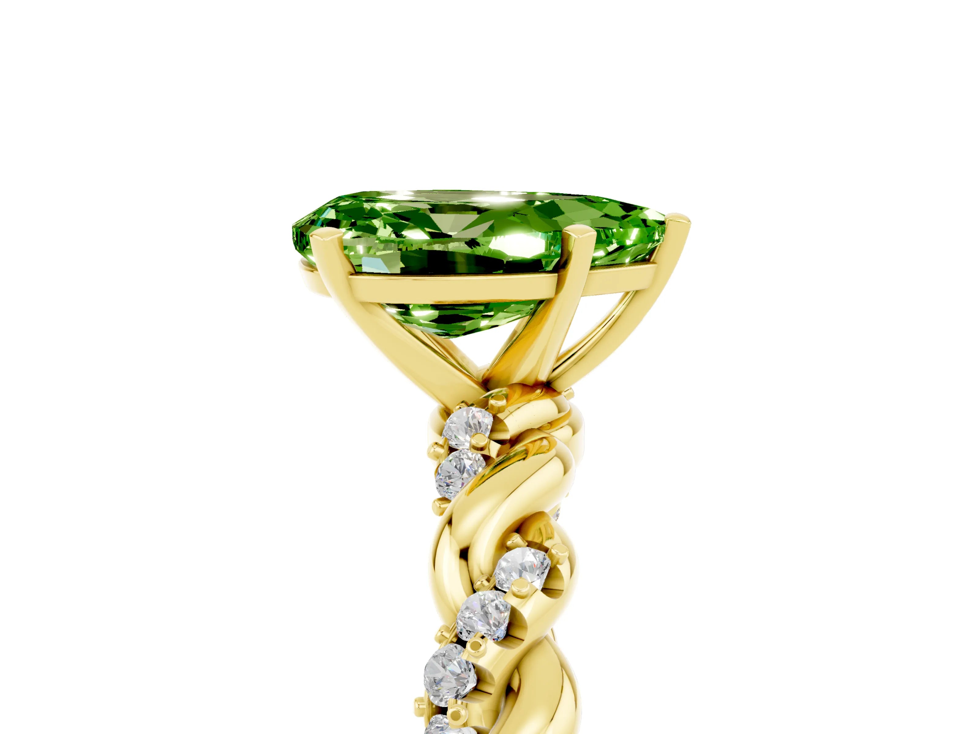 Yellow gold Pear Cut Peridot Solitaire Ring with Twisted Band and Pavé Accents_5