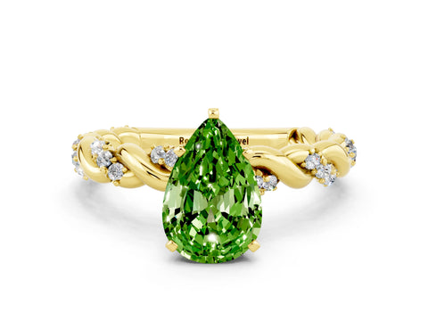 Yellow gold Pear Cut Peridot Solitaire Ring with Twisted Band and Pavé Accents
