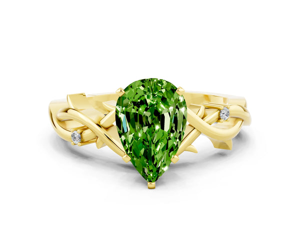 Yellow gold Pear Cut Peridot Solitaire Ring with Twisted Band and Prong Setting