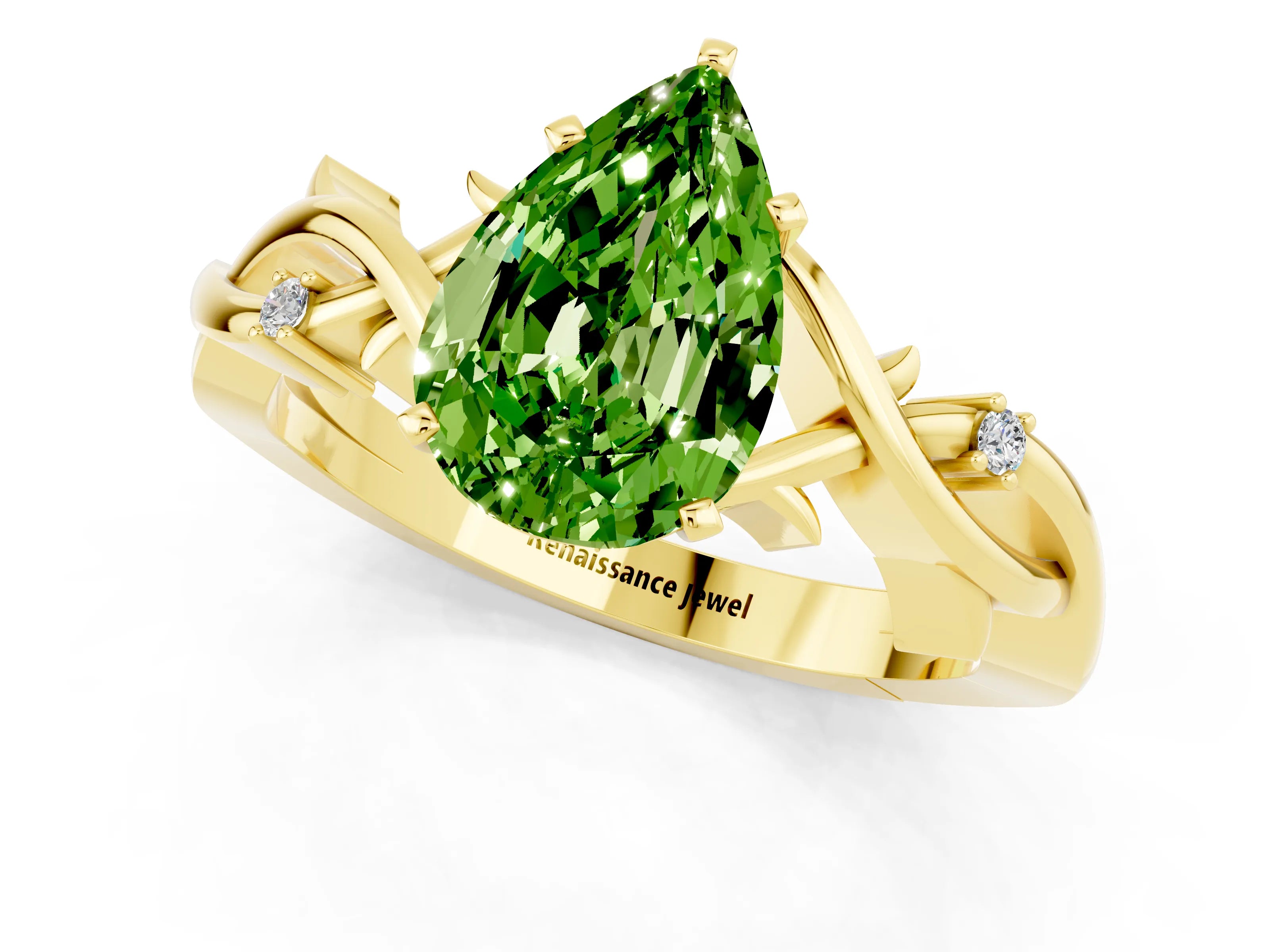 Yellow gold Pear Cut Peridot Solitaire Ring with Twisted Band and Prong Setting_1