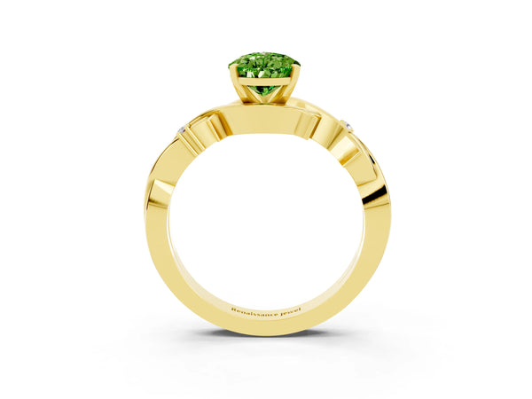 Yellow gold Pear Cut Peridot Solitaire Ring with Twisted Band and Prong Setting