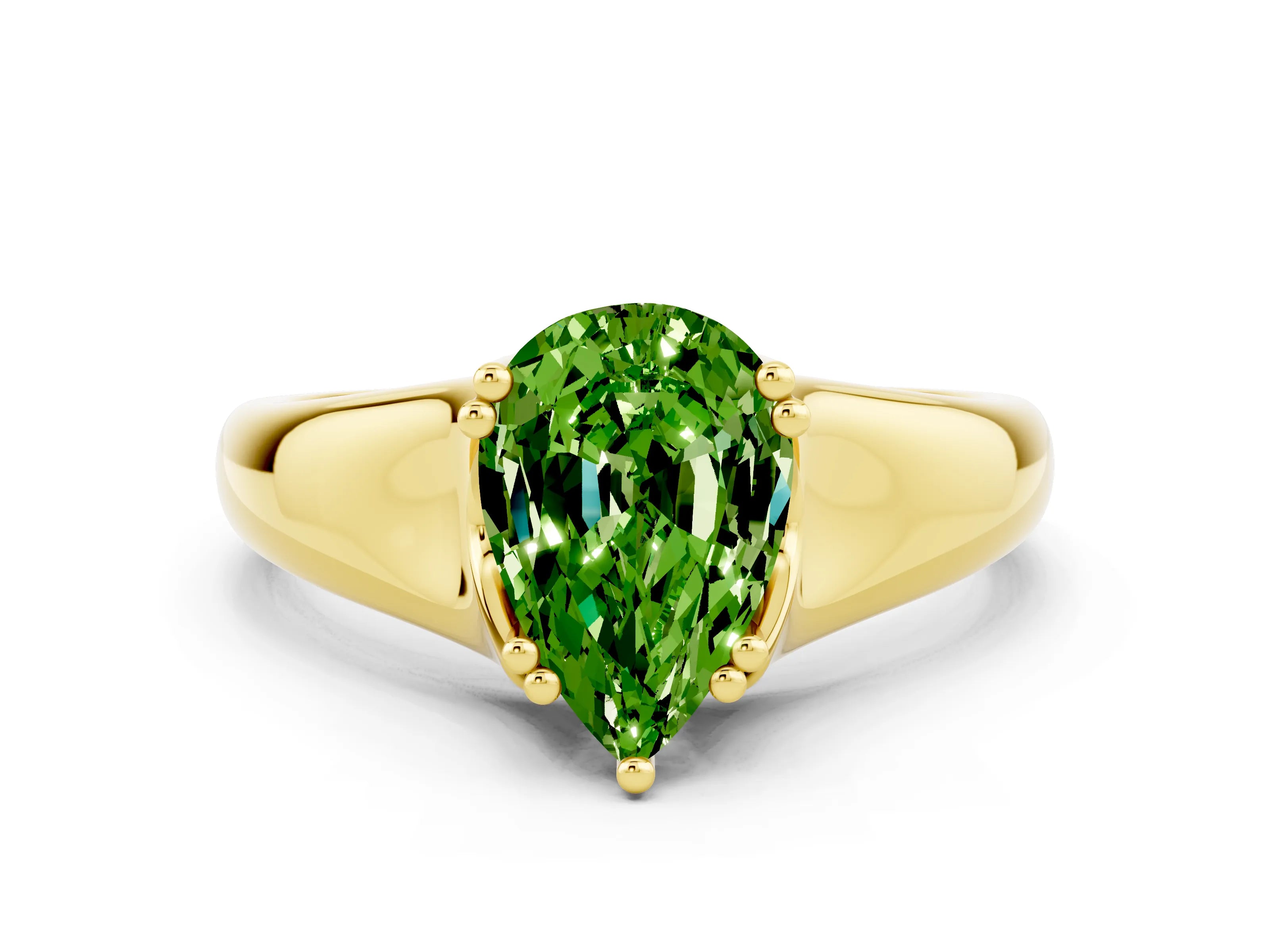 Yellow gold Pear Cut Peridot Solitaire Ring with Wide Band and Prong Setting