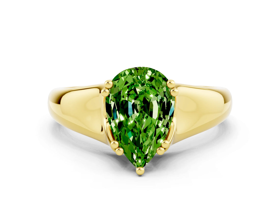 Yellow gold Pear Cut Peridot Solitaire Ring with Wide Band and Prong Setting
