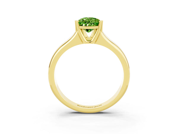 Yellow gold Pear Cut Peridot Solitaire Ring with Wide Band and Prong Setting