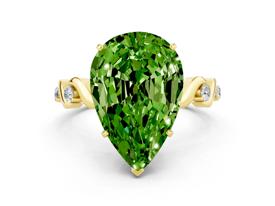 Yellow gold Pear Cut Peridot Solitaire Twisted Band with Round  Accents and Prong Setting_12