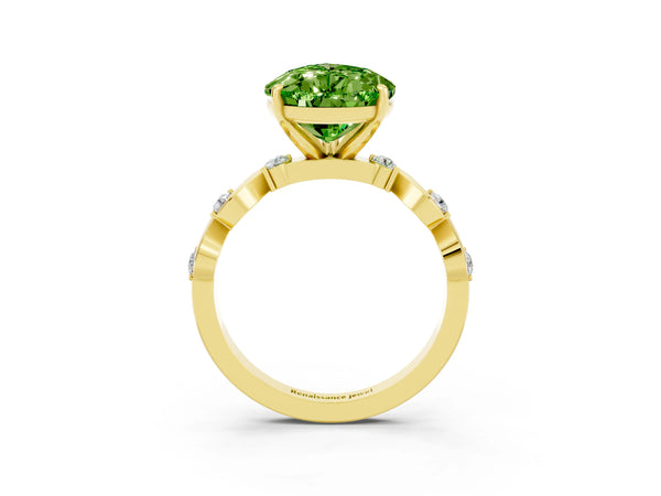 Yellow gold Pear Cut Peridot Solitaire Twisted Band with Round  Accents and Prong Setting