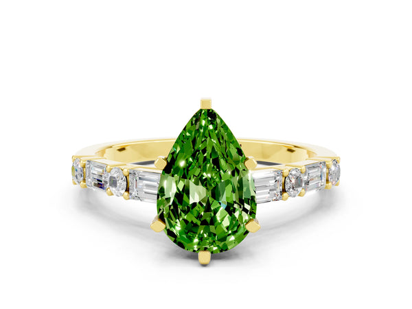 Yellow gold Pear Cut Peridot Solitaire with Side Baguettes and Channel Set Band