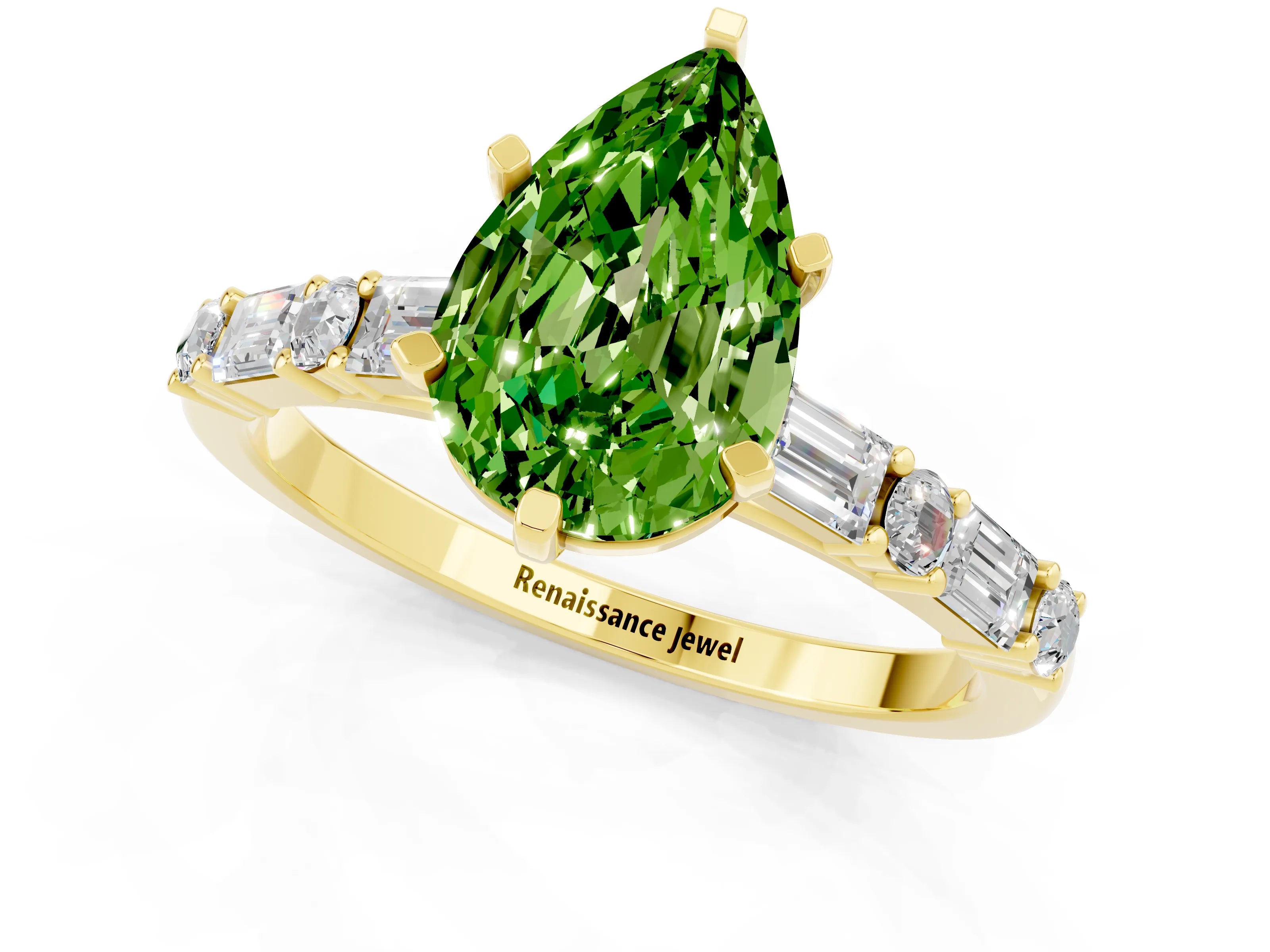 Yellow gold Pear Cut Peridot Solitaire with Side Baguettes and Channel Set Band_1