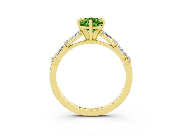 Yellow gold Pear Cut Peridot Solitaire with Side Baguettes and Channel Set Band