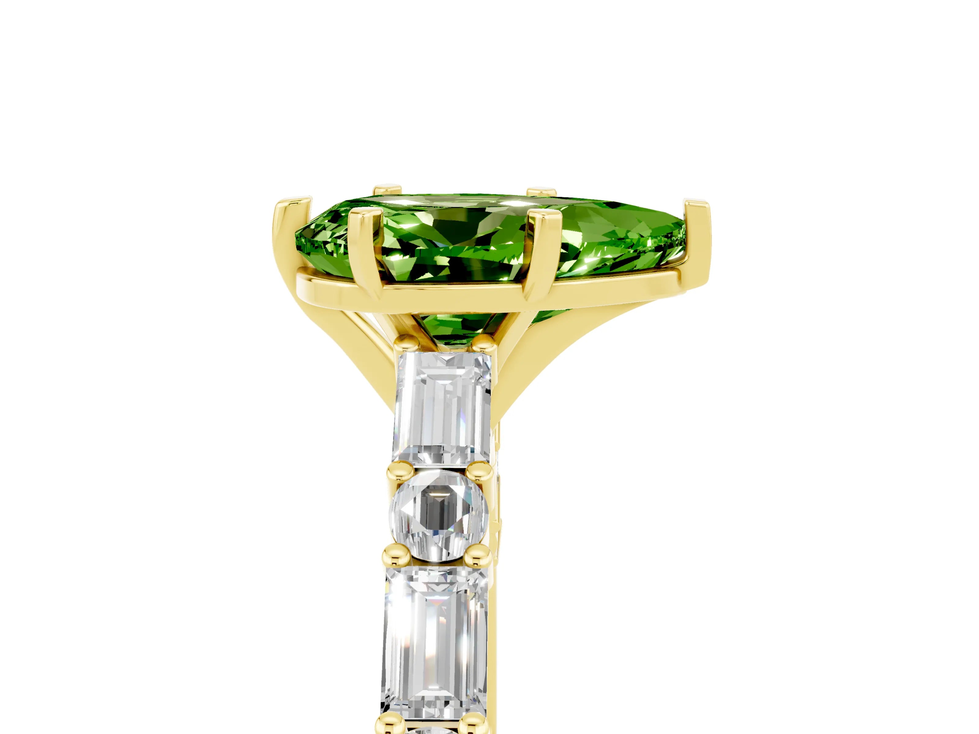Yellow gold Pear Cut Peridot Solitaire with Side Baguettes and Channel Set Band_5