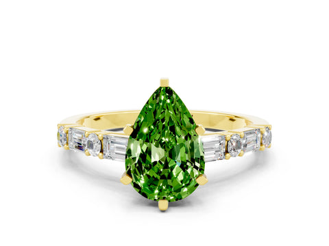 Yellow gold Pear Cut Peridot Solitaire with Side Baguettes and Channel Set Band