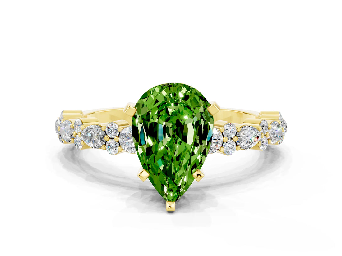 Yellow gold Pear Cut Peridot Solitaire with Side Stones, Pave Band, Four-Prong Setting_36