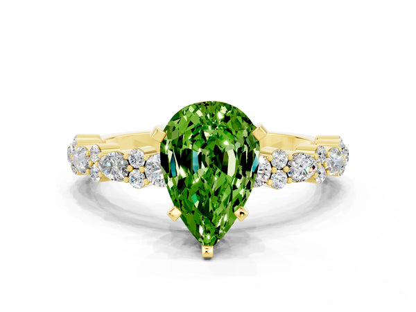 Yellow gold Pear Cut Peridot Side Stone Solitaire Ring with Round  and Four-Prong Setting