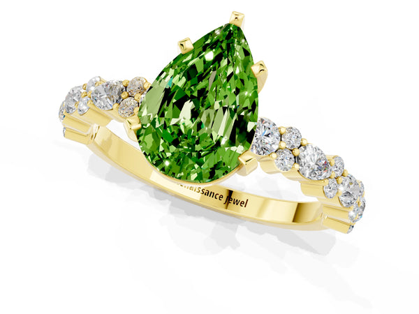 Yellow gold Pear Cut Peridot Side Stone Solitaire Ring with Round  and Four-Prong Setting