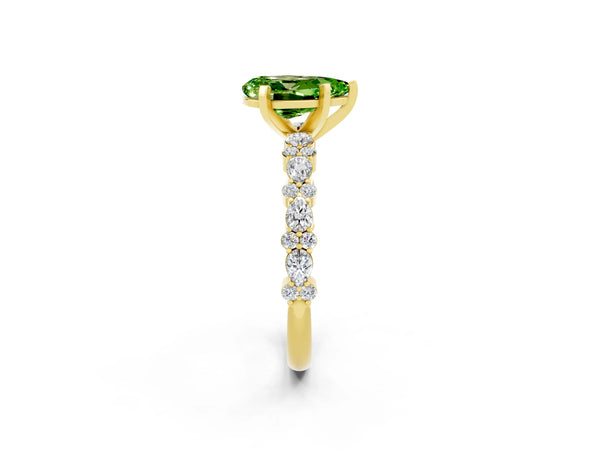 Yellow gold Pear Cut Peridot Side Stone Solitaire Ring with Round  and Four-Prong Setting