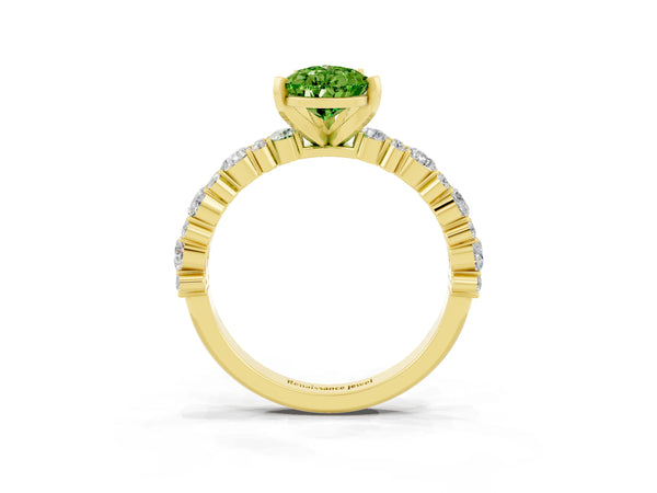 Yellow gold Pear Cut Peridot Side Stone Solitaire Ring with Round  and Four-Prong Setting