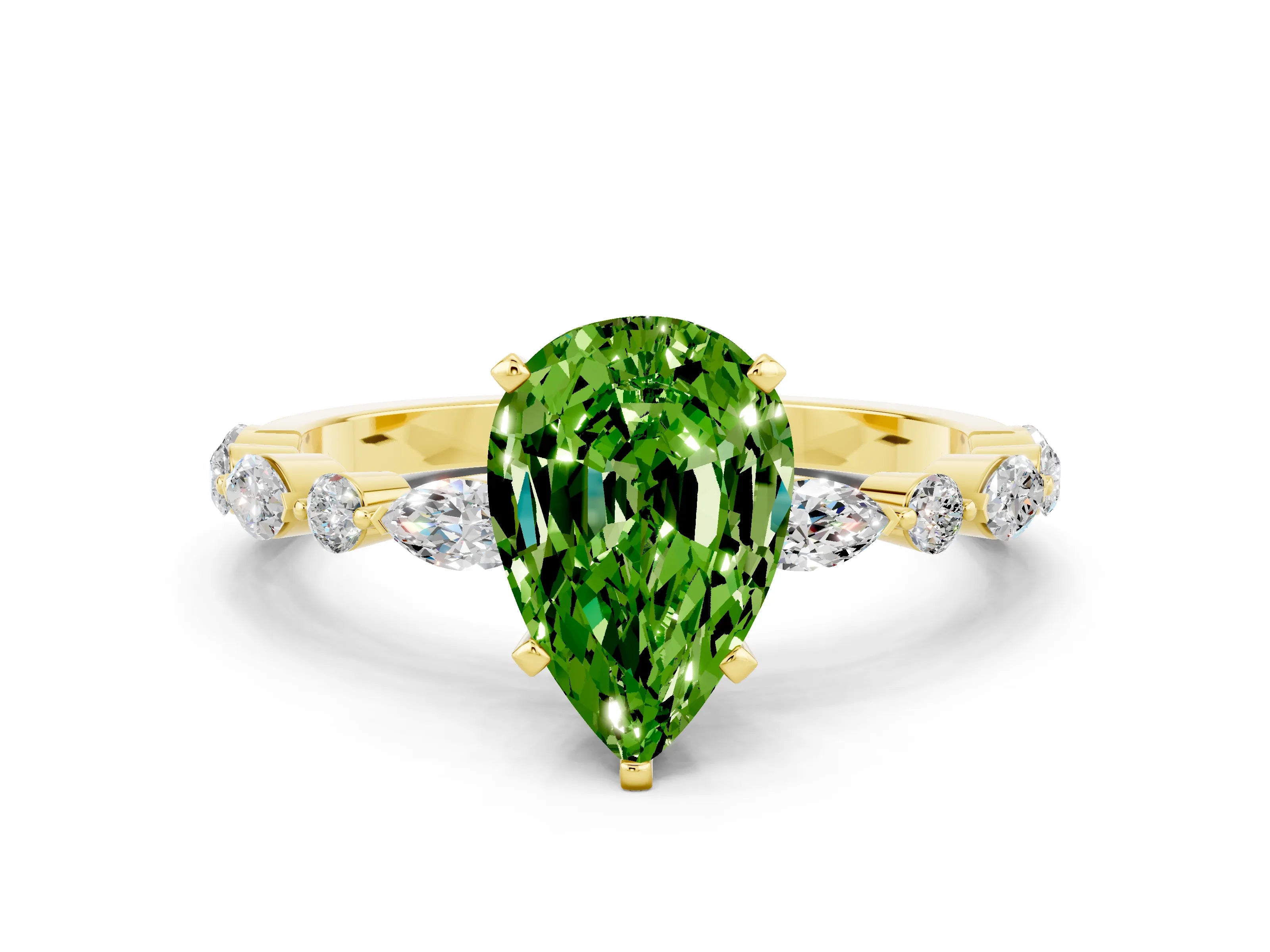 Yellow gold Pear Cut Peridot Solitaire with Side Stones on a Pavé Band and Four-Prong Setting