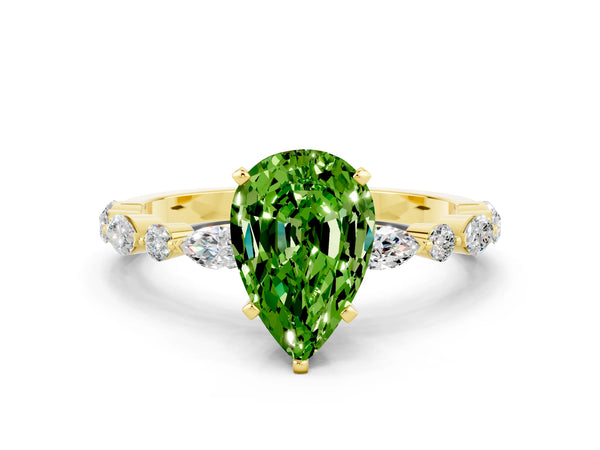 Yellow gold Pear Cut Peridot Ring with Marquise and Round  Side Stones and Four-Prong Setting