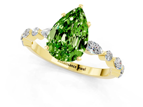 Yellow gold Pear Cut Peridot Ring with Marquise and Round  Side Stones and Four-Prong Setting
