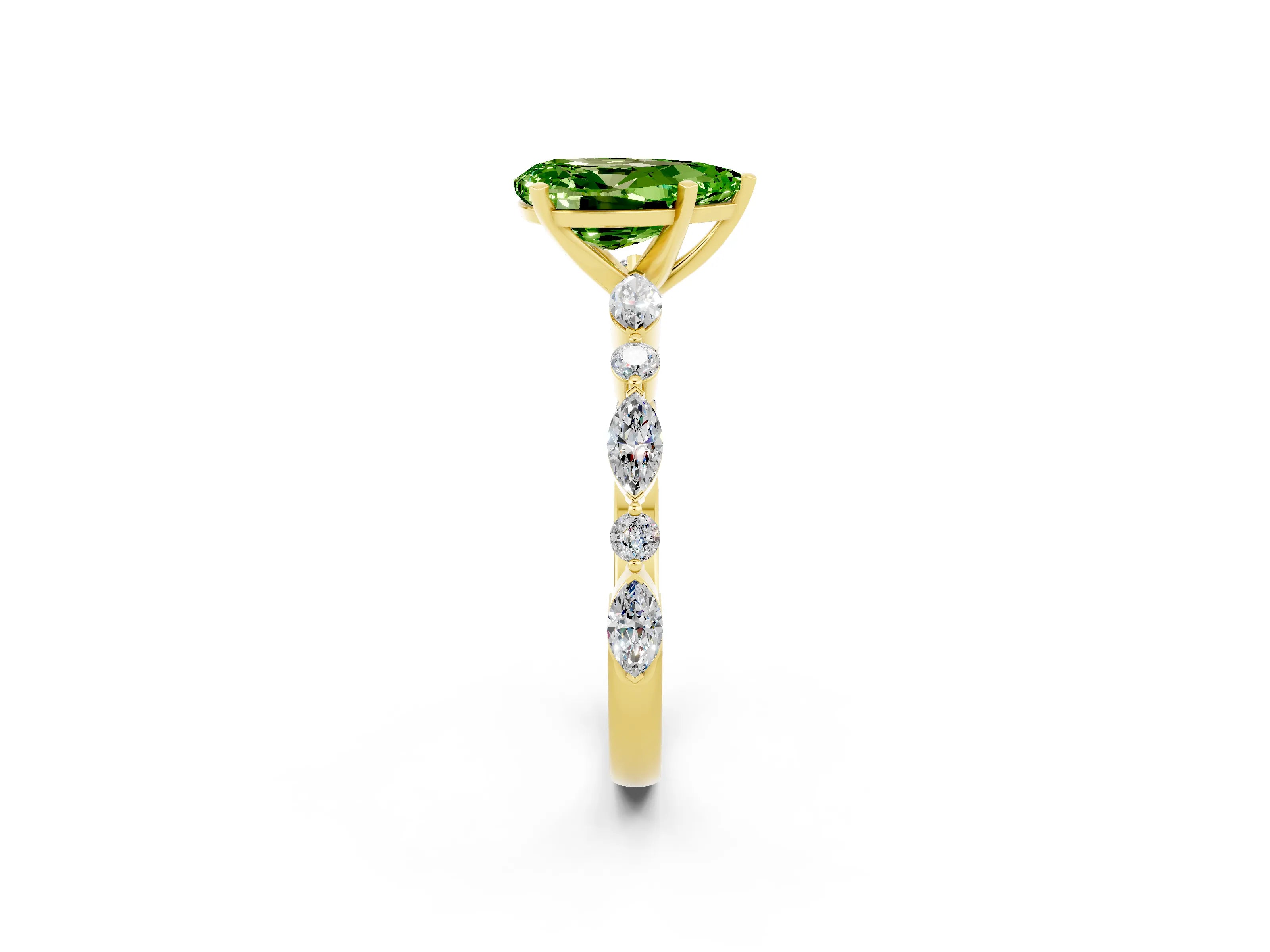 Yellow gold Pear Cut Peridot Solitaire with Side Stones on a Pavé Band and Four-Prong Setting_2