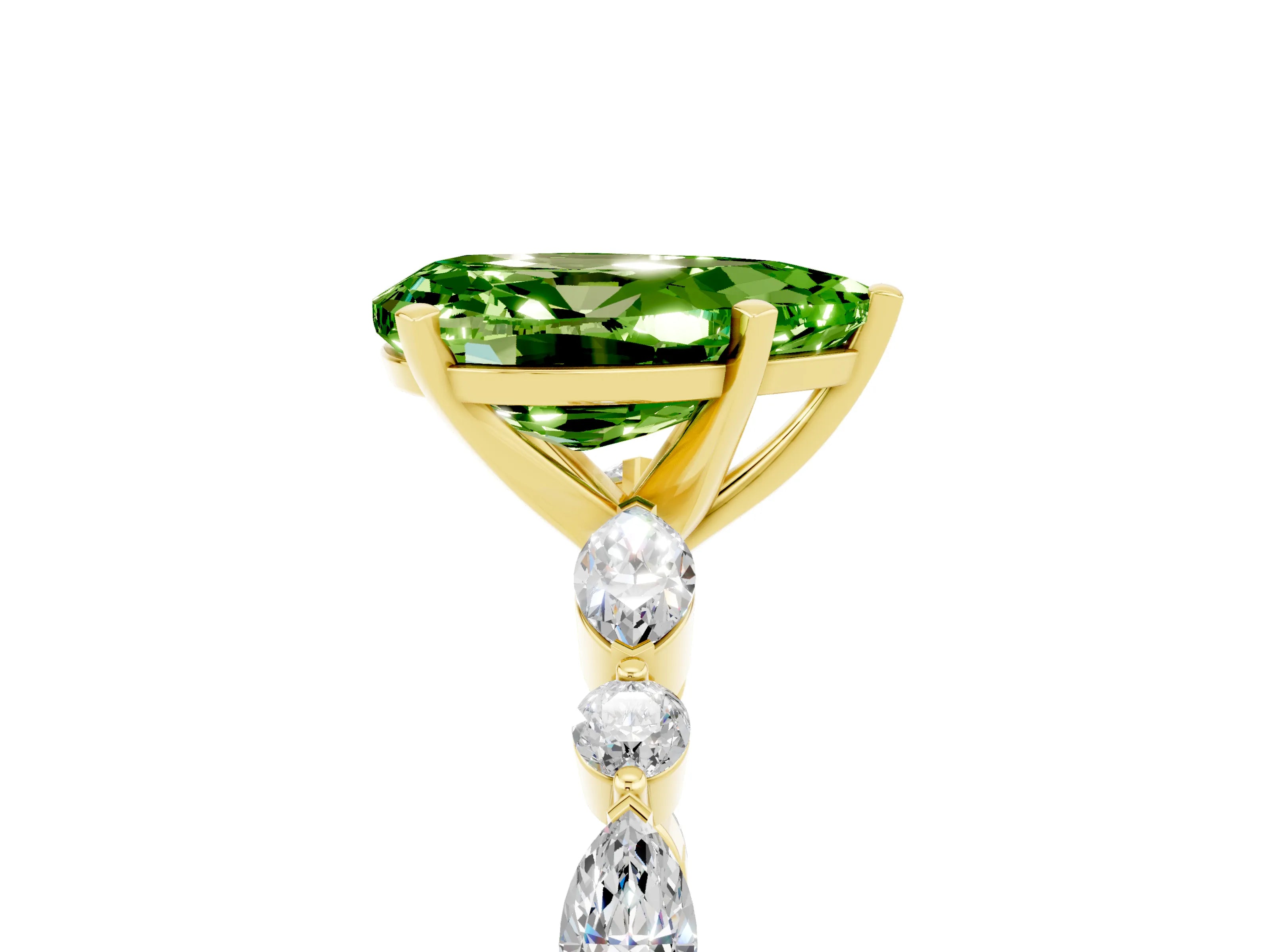 Yellow gold Pear Cut Peridot Solitaire with Side Stones on a Pavé Band and Four-Prong Setting_5