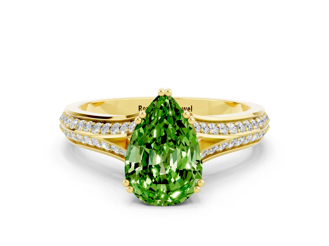 Yellow gold Pear Cut Peridot Split Shank Engagement Ring with Pavé Band