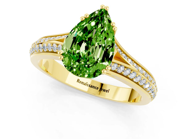 Yellow gold Pear Cut Peridot Split Shank Engagement Ring with Pavé Band