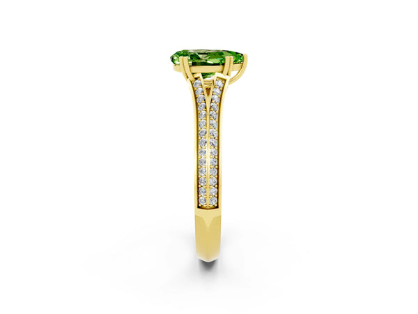 Yellow gold Pear Cut Peridot Split Shank Engagement Ring with Pavé Band