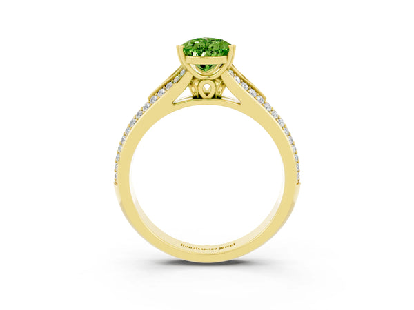 Yellow gold Pear Cut Peridot Split Shank Engagement Ring with Pavé Band